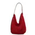 Red knitted crochet shoulder bag with brown strap and large capacity hollow mesh design - One Size / Red