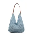 Stylish summer large capacity light blue hollow mesh knitted bag with brown strap - One Size / Blue