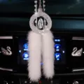Sparkling crystal car pendant with 3D Virgin Mary engraving and white faux fur tails - Virgin Mary with Faux Fur Tassel