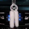 Elegant 3D laser engraved crystal car pendant decorated with sparkling rhinestones and white fur tassels - Jesus Christ with Faux Fur Tassel