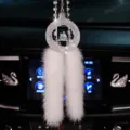 3D laser engraved crystal car pendant with rhinestones and white fur tassels - Religious Icon with Faux Fur Tassel