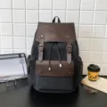 Mochila retro de lona de gran capacidad en gris oscuro con ribete de cuero marrón - Negro