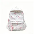 Mochila blanca de estilo coreano con estampados de flores y lazos rosas para niñas - Rosa
