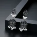Elegant vintage Indian Jhumka drop earrings featuring black crystals and white pearls - Gunmetal