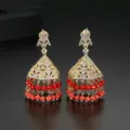 Vintage ινδικά σκουλαρίκια Jhumka με λάμποντα ζιργκόν και κόκκινες κρυστάλλινες χάντρες - Χρυσό με Κόκκινο