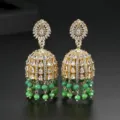 Luxurious gold-toned Indian Jhumka earrings with green beads and cubic zirconia - Indian Style Jhumka Design (E18111207) / Gold with Green