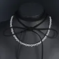 Black ribbon choker necklace with sparkling baguette-cut cubic zirconia for party - Silver-Tone Rectangular Zirconia Style (N17081039-Rh) / Silver