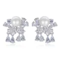 Elegant floral freshwater pearl earrings featuring shimmering cubic zirconia drops - Flower Tassel Style (E17042604) / Silver