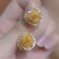 Macro detail showing gold mesh rose stud earrings with brilliant cubic zirconia halo - 3D Mesh Rose Rhinestone Stud (E4947金)