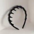 Edgy black satin pleated headband featuring grey crystal beads and decorative spikes - Beaded Pleated Headband (22#) / Gray