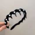 Stylish black wool wrapped wavy headband with white pearls and non-slip teeth detail - Black Headband