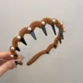 Elegant brown wool-wrapped wavy headband with pearl accents and anti-slip grip teeth - Coffee Wide Headband