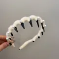 Cream wool-wrapped wavy headband with pearls and non-slip teeth for high top styling. - Beige Headband