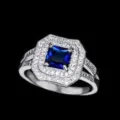 Sofisticado anillo de plata con circón azul cuadrado y doble halo de piedras brillantes. - Talla 9 / Azul