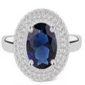 Anillo elegante con zafiro azul simulado ovalado y doble halo de circonitas en plata. - Talla 5 / Piedra Azul