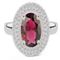 Elegante anillo halo plateado con rubí simulado ovalado y detalles de circonitas - Talla 5 / Piedra Principal Roja