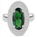 Elegante anillo con gemma verde ovalada y doble halo de cristales, acabado plata - Talla 5 / Piedra Principal Verde