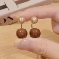 Elegant Maillard brown and champagne gold double pearl stud earrings SKU variant - Double Pearl Drop Style (E3796) / Gold Champagne Pearl