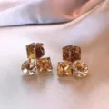 Vintage champagne geometric crystal stud earrings with multifaceted golden sparkle - Geometric Rhinestone Patchwork Style (E3855) / Gold Brown
