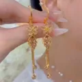 Vintage Maillard brown leaf tassel earrings with sparkling rhinestones in gold finish. - Leaf Tassel Pendant Style (E4311) / Champagne