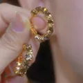 Elegant vintage Maillard brown full crystal hoop earrings with luxurious gold finish - Full Rhinestone Hoop Style (E4389) / Champagne