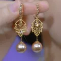 Vintage Maillard brown pearl earrings featuring gold leaf design and sparkling rhinestones - Hollow Leaf with Artificial Pearl Drop Style (E4429) / Light Burgundy Champagne