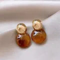 Vintage Maillard brown amber-textured ball earrings with gold finish accent - Double Ball Geometric Patchwork Style (E4437) / Gold