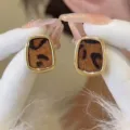 Vintage gold-toned geometric stud earrings with elegant leopard print inlay - Leopard Print Geometric Style (E4477) / Gold