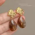Vintage brown marble teardrop earrings with irregular crumpled gold texture finish - Water Drop Pendant Style (E5039) / Golden Coffee