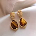 Vintage Maillard brown teardrop gemstone earrings with a gold textured finish for women - Pleated Texture Water Drop Pendant Style (E5067) / Golden Coffee