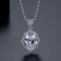 Elegant silver-toned necklace featuring an oval zircon pendant with geometric halo - Silver (N15071559-Rh)