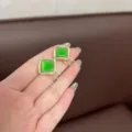 Detail shot of vintage geometric square green stone earrings with shiny rhinestones - Geometric Square / Green Cat Eye Style (E2008)