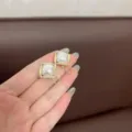 Close-up detail of vintage geometric square pearl earrings with rhinestones - Geometric Square / White Pearl Style (E2008)