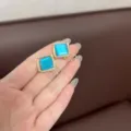 Close-up of vintage square light blue earrings with sparkly rhinestone border - Geometric Square / Blue Cat Eye Style (E2008)