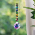 Close-up of a rainbow maker suncatcher with chakra crystals and a faceted prism ball - Ball Pendant
