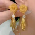 Elegant vintage golden mesh rose earrings featuring teardrop crystal and long leaf tassels - Mesh Rose Tassel With Teardrop Gem (E4894金)