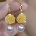 Vintage golden mesh rose hoop earrings with elegant white pearl drops and sparkle finish - Hoop Mesh Rose With Pearl (E4900金)