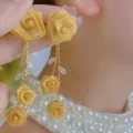 Elegant vintage golden mesh rose drop earrings with leaf accents and rhinestone details - Triple Mesh Rose Tassel Drop (E4867金)