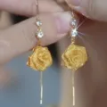 Golden mesh rose earrings featuring sparkling rhinestones and delicate tassel drops - Mesh Rose Hook With Long Tassel (E4852金)