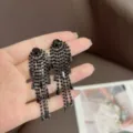 Elegant black crystal tassel drop earrings for vintage party style - E3801 (6.5cm) / Gunmetal