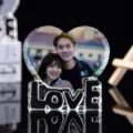 Customizable heart-shaped crystal photo frame ornament with LOVE base for romantic gifts - Heart Memorial Design (LOVE UV Printing)