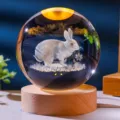 3D laser engraved rabbit crystal ball night light with a warm wooden LED base ornament - Warm Light Wood Base (With Gift Box Bag) / 6cm crystal ball-Zodiac rabbit
