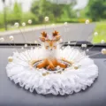 Exquisite deer car dashboard ornament with elegant white lace and pearl wire accents - Feather Shy Deer / Lace Anti-Slip Mat + Pearl Decoration