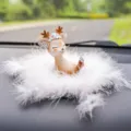 Cute cartoon deer car dashboard ornament with decorative flowers and white feather base - Naughty Deer / Feather Mat