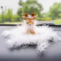 Cute deer car ornament with flower crown and white feather base for dashboard decor. - Feather Shy Deer / Feather Mat