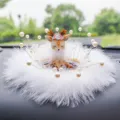 Elegant cute deer car ornament featuring white fur base and pearl wire accents dashboard decor - Feather Shy Deer / Fine Feather Anti-Slip Mat + Pearl Decoration