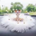 Elegant deer car interior ornament featuring white fluffy feather ring and pearl accents - Shy Deer / Fine Feather Anti-Slip Mat + Pearl Decoration