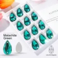 Pfauengrüne Teardrop-Glas-Nähsteine mit flacher Rückseite und zwei Löchern für DIY-Schmuck - 11 * 18mm 28 PCs/bag / Pfauengrün