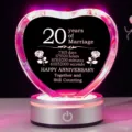 Heart-shaped crystal 20th anniversary gift with LED light base and rose engraving - 20th Anniversary Style / Small (9x3.5x7cm) / Transparent With Base