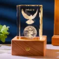 3D laser engraved peace dove crystal cube night light with warm wooden LED light base - Peace Earth (Style 4) / Rechargeable Multi-color Crystal Base